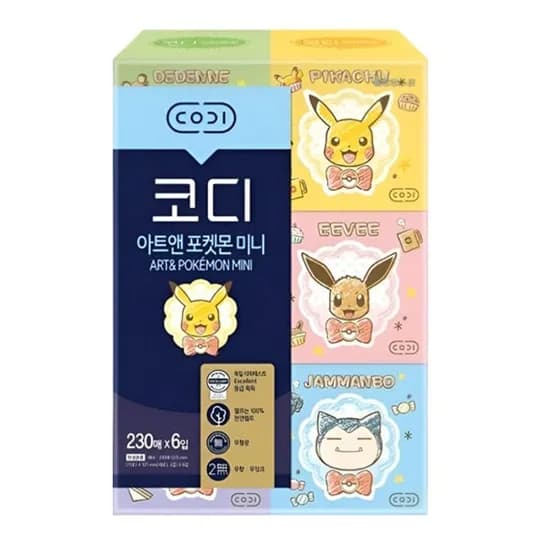 코디 아트앤 포켓몬 미니 천연펄프 각티슈 230매 6입 1팩