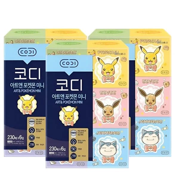 코디 아트앤 포켓몬 미니 천연펄프 각티슈 230매 6입 3팩 18,500원