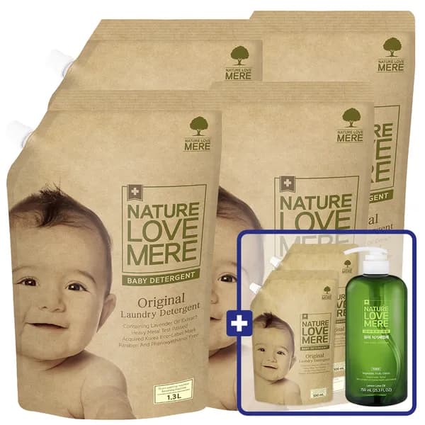 네이쳐러브메레 아기 세탁세제 오리지널향 리필 1.3L 4팩 + 증정 500ml 2팩 + 식기세정제 액상형 용기 750ml 1개 세트