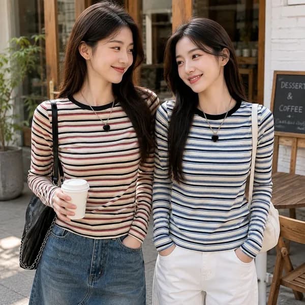 포포니 여성 가을 슬림핏 단가라 긴팔 티셔츠 블루 M 2개 21,900원