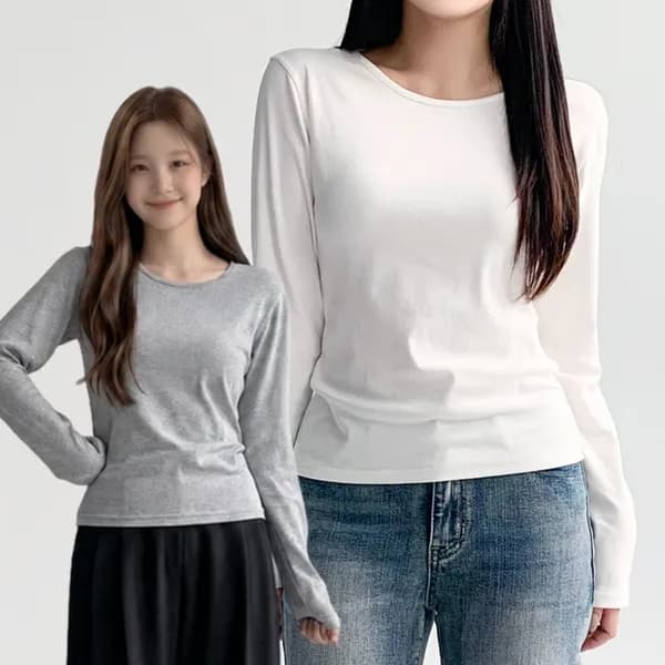 허블리 슬림 라운드넥 긴팔티셔츠 S 화이트·그레이 2개