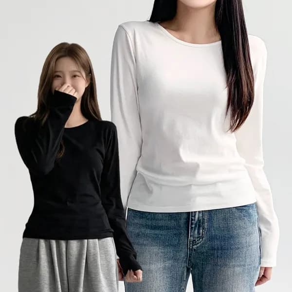 허블리 슬림 라운드넥 긴팔티셔츠 M 화이트·블랙 2개