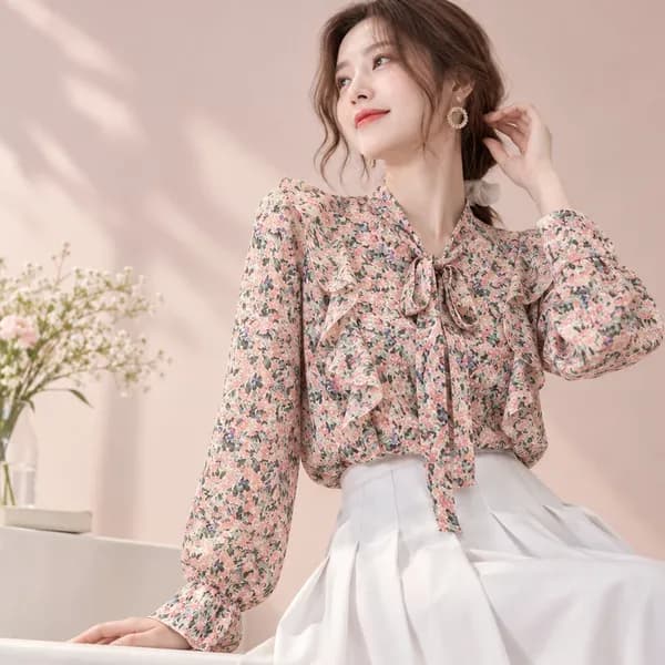 브이넥 플라워 긴팔 블라우스 옐로우 55