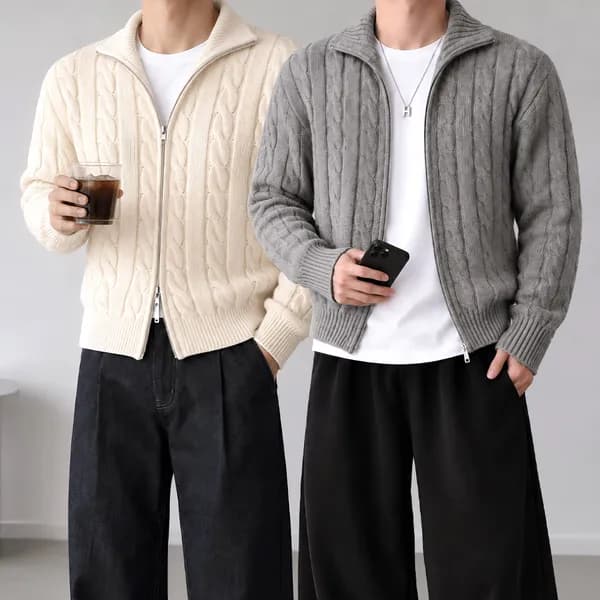 남성 오버핏 울 하이넥 니트 집업 케이블 꽈배기 가디건 그레이 L