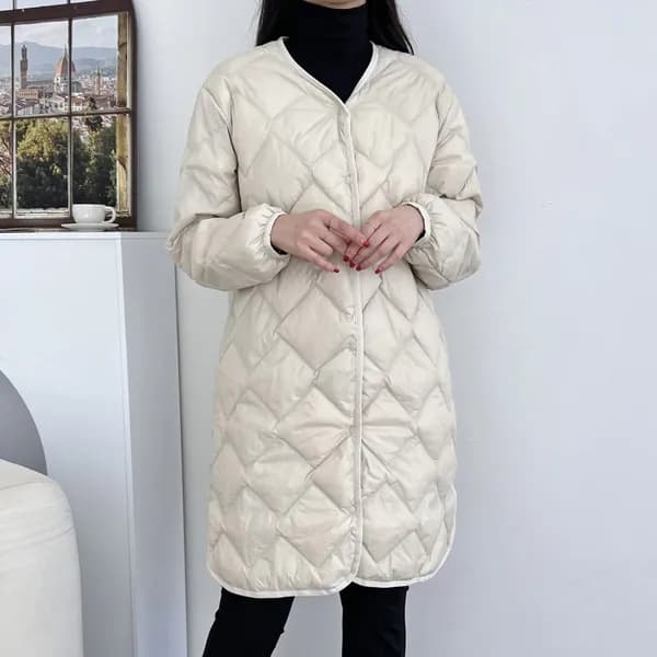 여성 겨울 브이넥 퀄팅 오리털 경량 롱 패딩 점퍼 KJP0097 아이보리 2XL