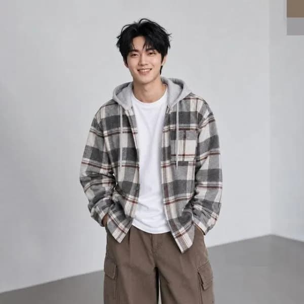 남성 겨울 기모 체크 루즈핏 빅사이즈 후드 셔츠 그레이