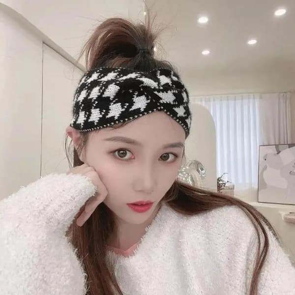 여자 체크 하운드 패턴 꼬임 헤어 밴드 블랙 1개