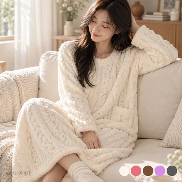 여성 겨울 수면 극세사 기모 긴팔 원피스 파자마 체리핑크 free 1개