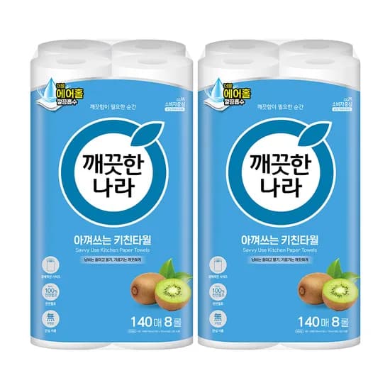 깨끗한나라 아껴쓰는 키친타월, 140매, 8롤, 2개 깨끗한나라 아껴쓰는 키친타월, 140매, 8롤, 2개