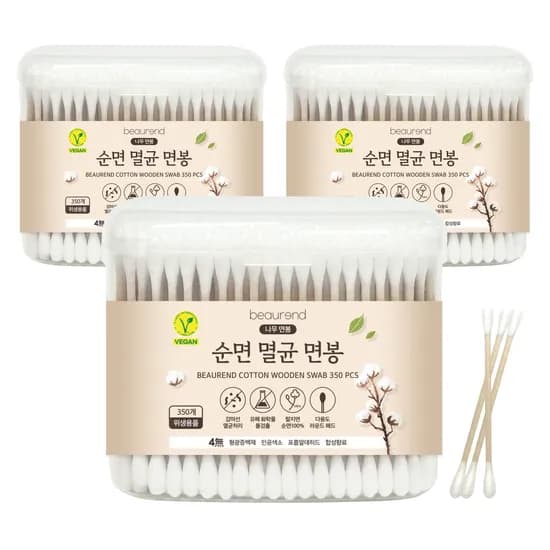 뷰렌드 비건 순면 멸균 나무 면봉 케이스 포함 350개입 3통