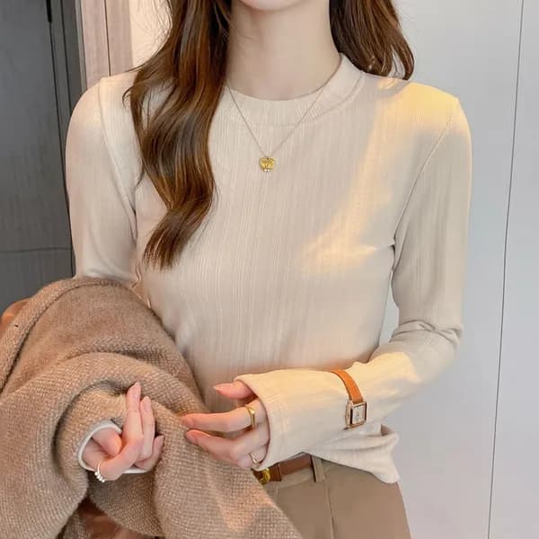 허블리 여성 기모 라운드 긴팔 티셔츠 베이지 M