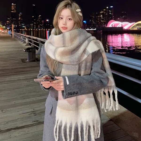 허블리 소프트 플래드 머플러 겨울 울 체크 베이지 FREE 1개