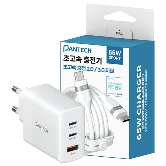 팬택 65W 3포트 초고속 충전기, 화이트, 1개 + 100W CtoC 케이블, 1m, 1개