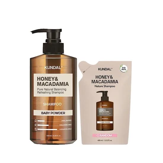 쿤달 허니 & 마카다미아 네이처 샴푸 베이비파우더 500ml + 리필 400ml 1세트