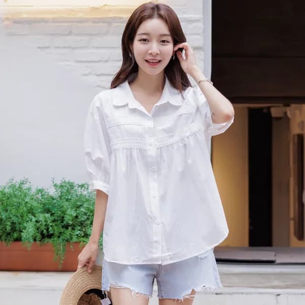 키첼 여성 올리드 퍼프 레이스 배색 반팔 여름 블라우스 아이보리 FREE