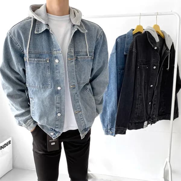 데일리 후드 탈부착 포켓 오버핏 청자켓 흑청 XL