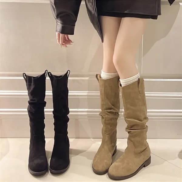 스웨이드 셔링 웨스턴 플랫 통굽 롱부츠 3cm 브라운 245mm 1개