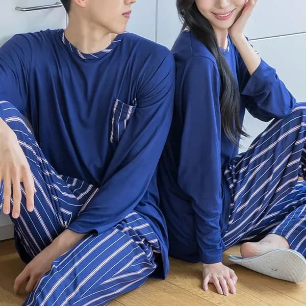 오마샤리프 피치 기모 겨울 홈웨어 긴팔 잠옷 상하의 세트 블루체크 여성 FREE