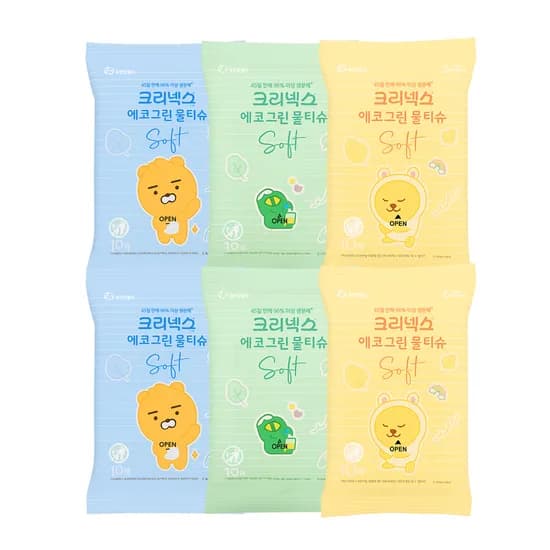 크리넥스 에코그린 소프트 리틀카카오프렌즈 물티슈 휴대형, 10매, 6개입