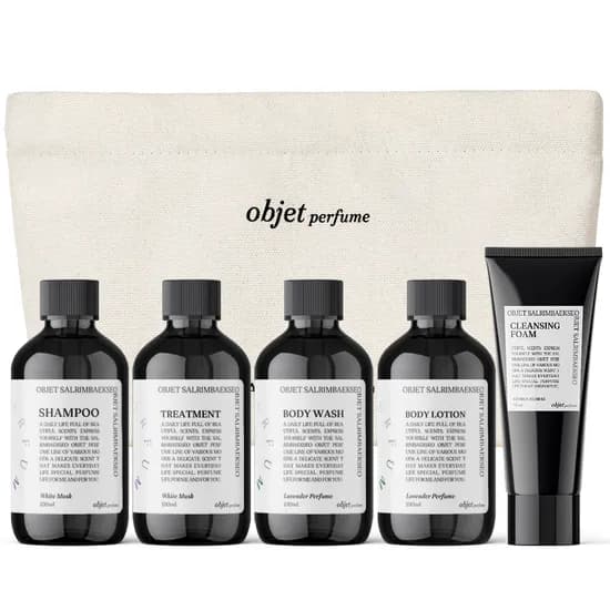 살림백서 오브제 퍼퓸 트래블 키트, 샴푸 바디워시 폼클렌징 바디로션 트리트먼트 여행용 파우치, 5종, 1세트