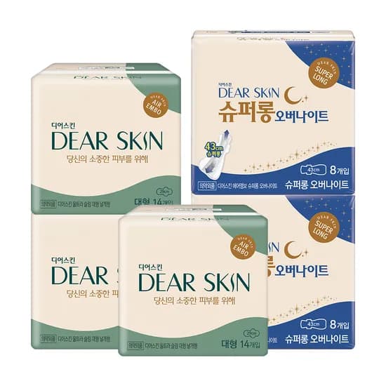 깨끗한나라 디어스킨 에어엠보 생리대 대형 14매입 3개 외 슈퍼롱 오버나이트 8개입 2개