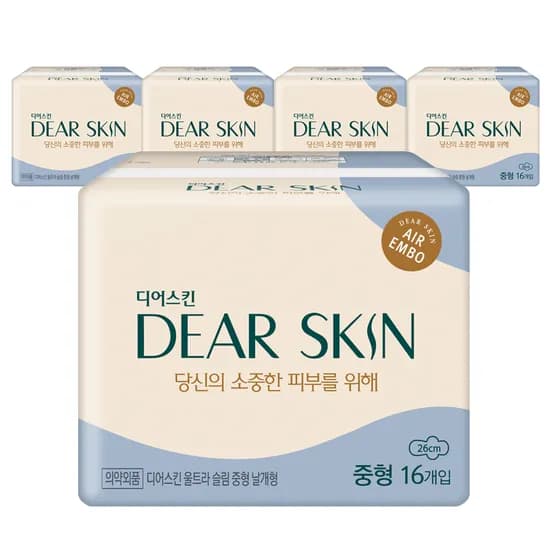 깨끗한나라 디어스킨 에어엠보 생리대 중형 16개입 5팩