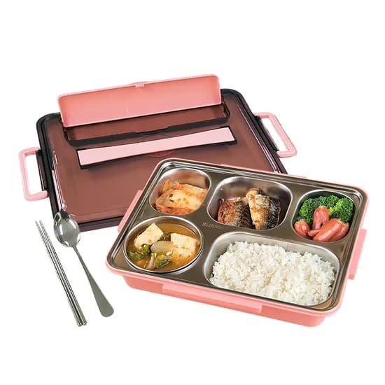 DAMDA 304 스텐 5구 도시락통 런치박스 국그릇+수저세트+보온가방 세트, 핑크, 1개