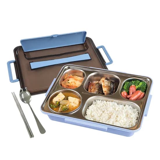 DAMDA 304 스텐 5구 도시락통 런치박스 국그릇+수저세트+보온가방 세트, 블루, 1개