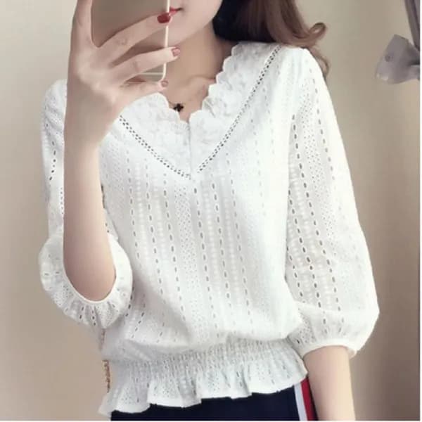 브이넥 블라우스 흰색 반팔 펀칭 여성 루즈핏 캐주얼 패션, 화이트/2XL, 1개