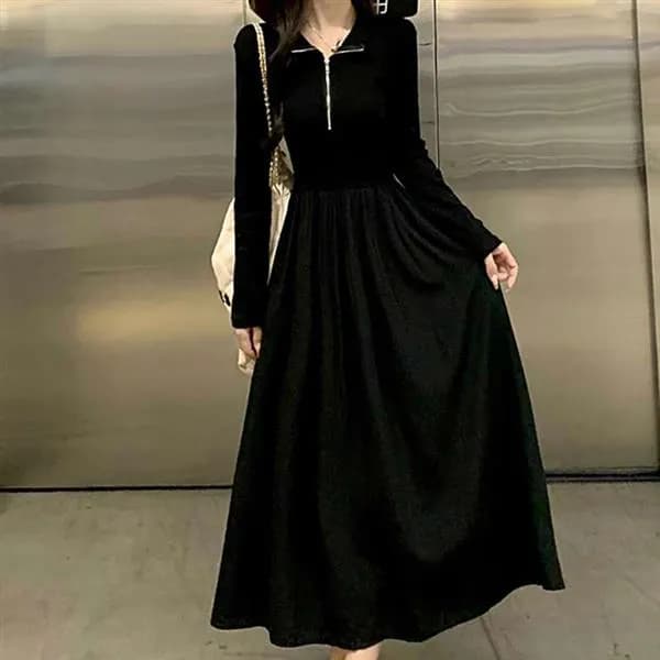 더벨러리 여성 반집업 카라넥 긴팔 롱 플레어 원피스 BKO4433 블랙 XL