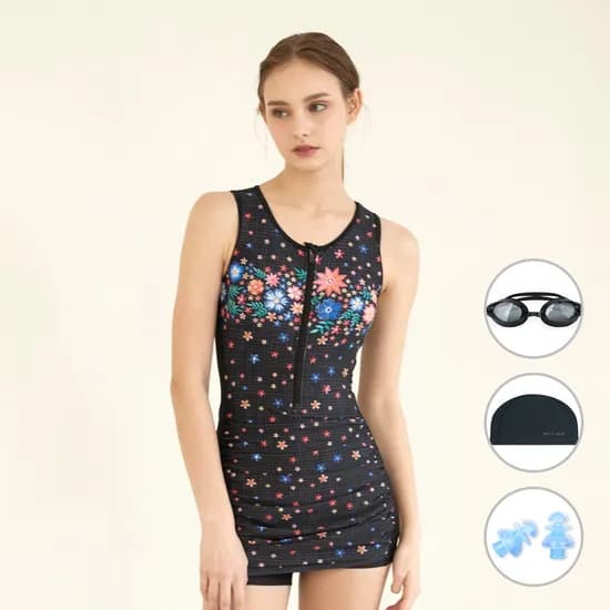 베이직엘르 여성용 반집업 패턴 셔링 반전신 실내수영복, 블랙, 2XL, 4종세트, 1개