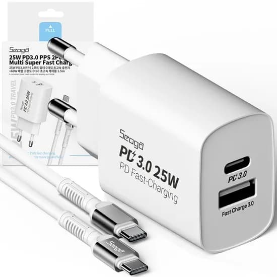 서가 25W PD3.0 PPS 2포트 멀티 초고속 충전기, SG-PDC2500A, 화이트, 1개 + 60W PD CtoC 고급형 케이블, 1개