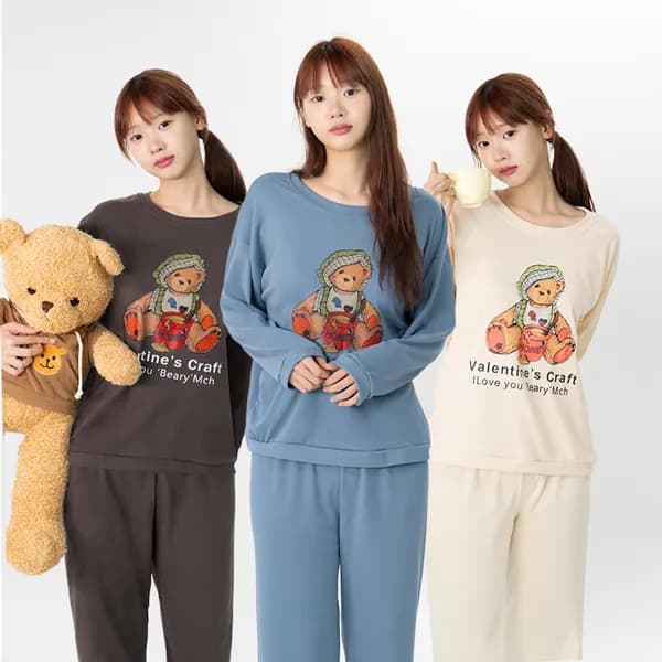 플로우 여성 허니베어 피치기모 긴팔 잠옷세트 CL113 브라운 S