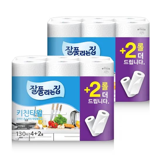 잘풀리는집 천연펄프 키친타올 130매 6롤 2팩