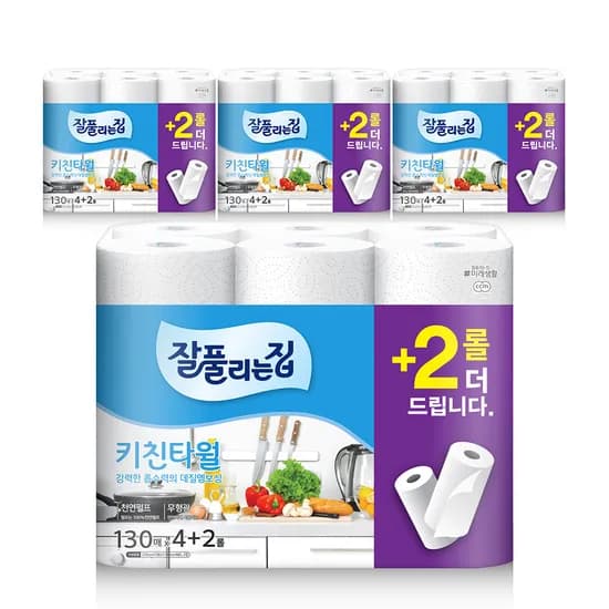 잘풀리는집 천연펄프 키친타올 130매 6롤 4팩