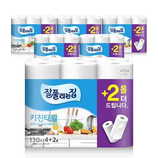 잘풀리는집 천연펄프 키친타올 130매 6롤 6팩