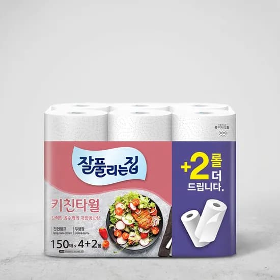 잘풀리는집 천연펄프 키친타올 150매 6롤 6팩