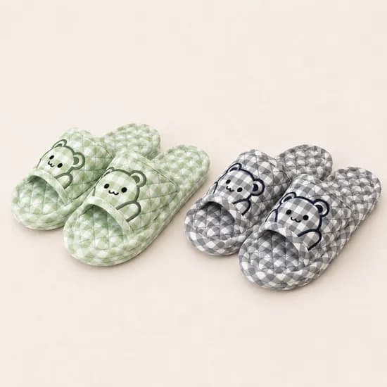 3중 쿠션 면 슬리퍼, 곰돌이 그린 1개 + 곰돌이 네이비 1개, 2개