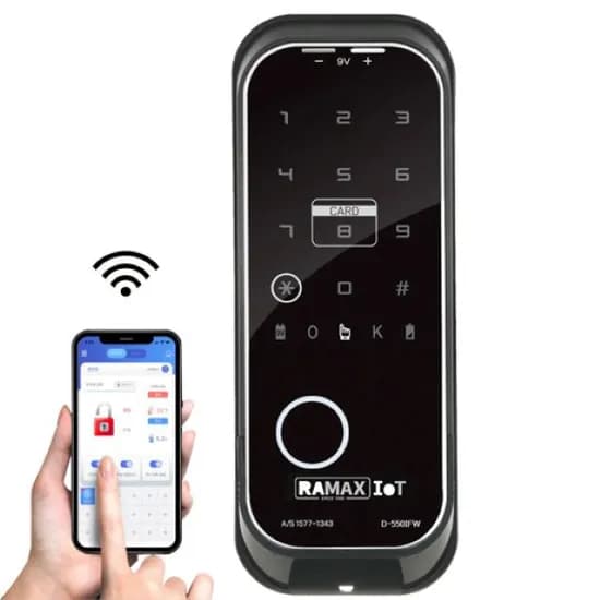 라맥스 IoT 스마트 도어락 보조키형 지문인식 원격제어 임시비밀번호 비상열쇠 현관문 D-550IW 고객직접설치