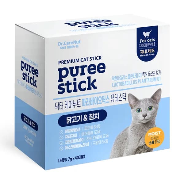 닥터케어누트 고양이 퓨레스틱 간식 파라바이오틱스 닭고기 참치 280g 40P 12,500원