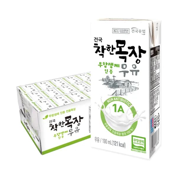 건국유업 착한목장 무항생제 우유 190ml 72개