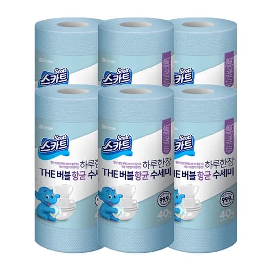 유한킴벌리, 스카트 하루한장 더 버블 항균 수세미, 블루, 40매, 6롤