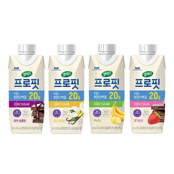 셀렉스 프로핏 모카초콜릿 250ml 5개 + 밀크바닐라 250ml 5개 + 바나나 250ml 4개 + 딸기 초로 250ml 4개 18개