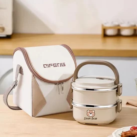 SWiRE BEAR 스테인레스 도시락통 베이지 2단 1.4L 1개 + 보온가방 1개