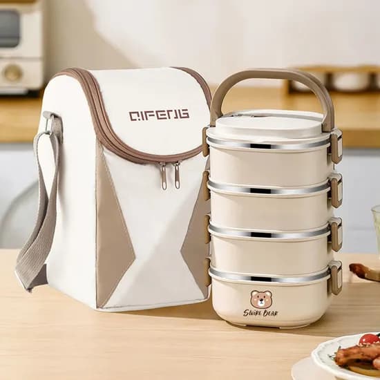SWiRE BEAR 스테인레스 도시락통, 베이지, 4단, 2.8L, 1개 + 보온가방, 1개