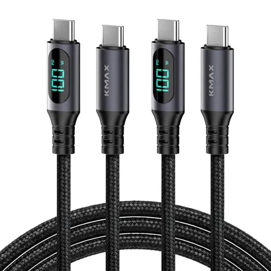 케이맥스 100W LCD 메탈페브릭 C-C타입 초고속 충전 케이블, 블랙, 2m, 2개