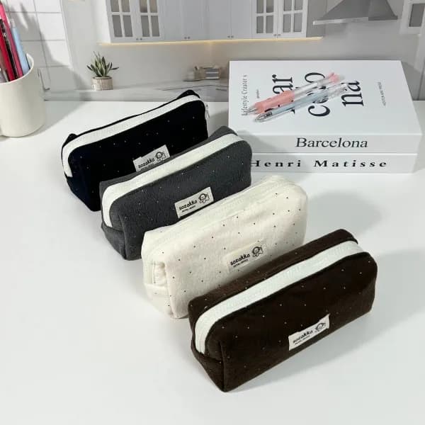 도트 모직 필통 파우치 베이직 아이보리 20x7x7cm 1개
