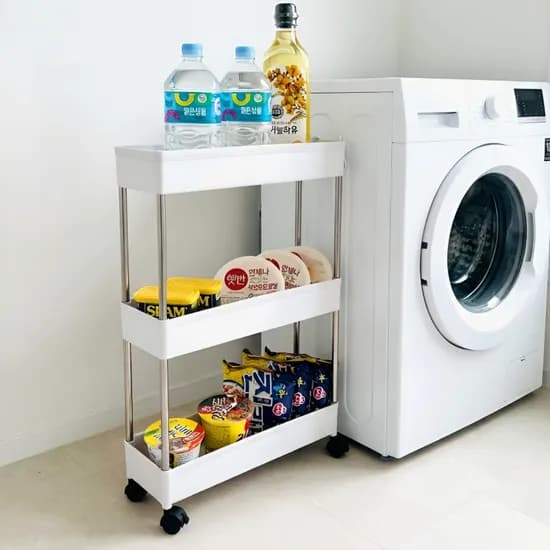 제이에스맘 이동식 스테인레스 틈새 트롤리 수납장, 화이트, 3단