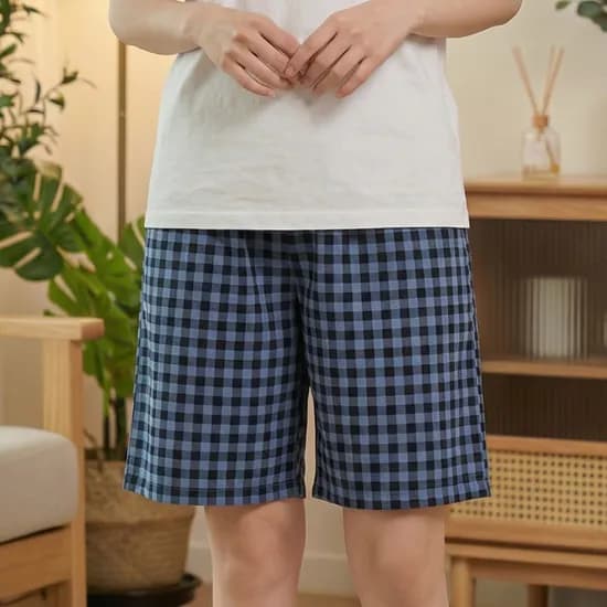 미미캐츠 고슬고슬한 촉감 깅엄 체크 5부 주머니 반바지 파자마 잠옷 바지 P-1015, 네이비, XL