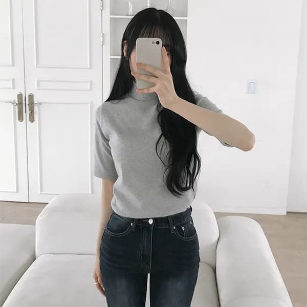 여성 발열기모 데일리 반팔 반목 폴라 티셔츠, 오트밀, L, 1개